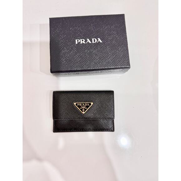 PRADA Flap Moiré Saffiano Leather Card Holder Black Unisex - Picture 1 of 3